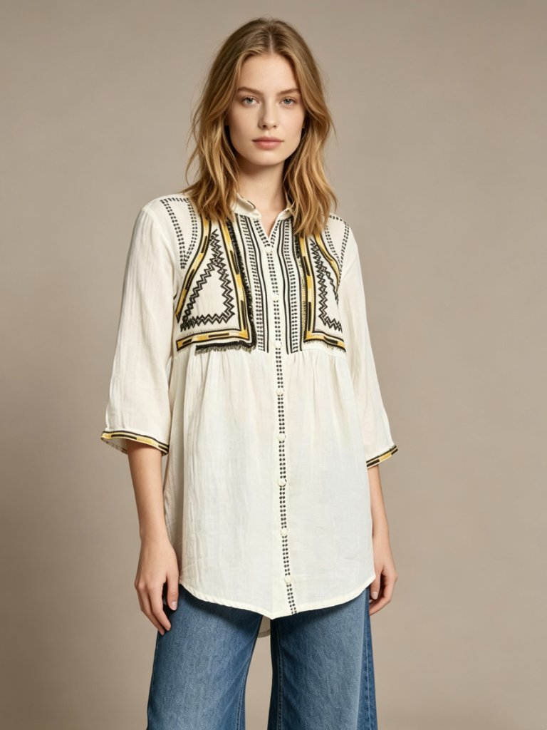 Nwot Johnny Was Embroidered Beaded Bohemia Button-Down Shirt Tunic Blouse Sz S